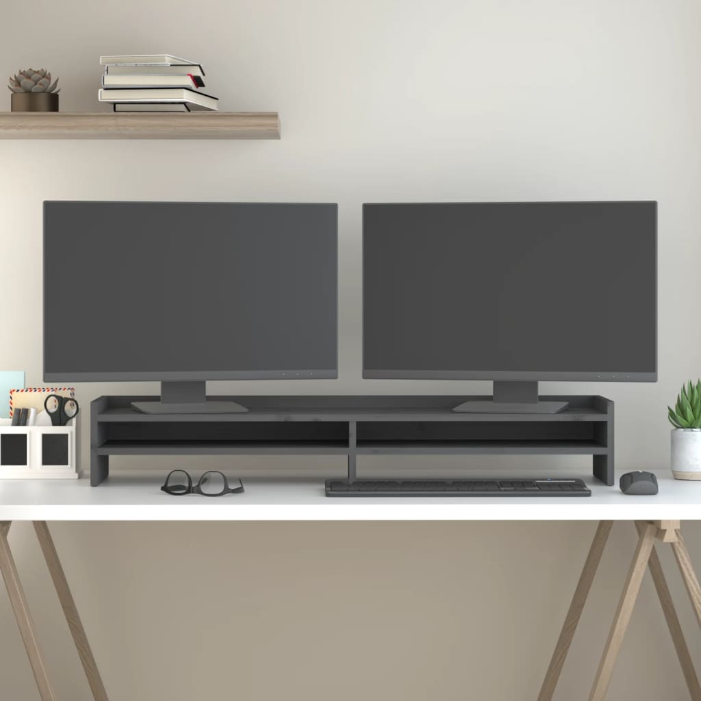 Vidaxl monitorstandaard 100x24x16 cm massief grenenhout grijs