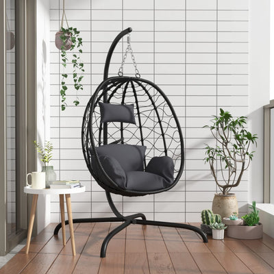Vidaxl hangende ei-stoel met kussen antraciet poly rattan staal