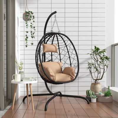 Vidaxl hangende eivormige stoel met kussen taupe poly rattan staal