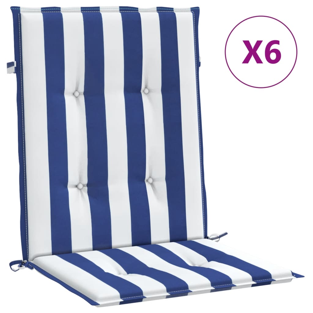 VidaXL Stoelkussens 6 st lage rug gestreept stof wit en blauw