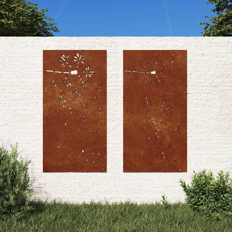 Vidaxl wanddecoratie tuin 2 st bloemenontwerp 105x55 cm cortenstaal