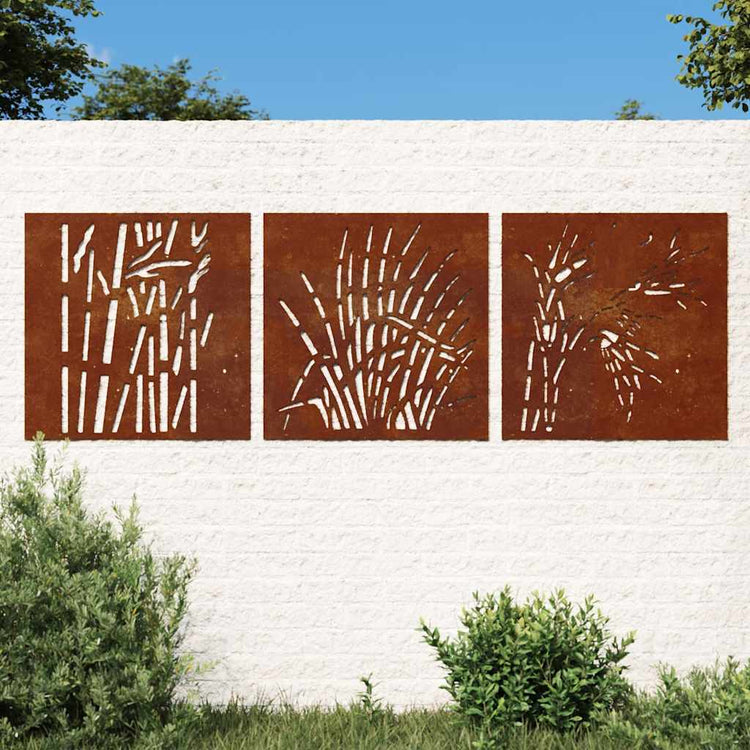 Vidaxl wanddecoratie tuin 3 st grasontwerp 55x55 cm cortenstaal