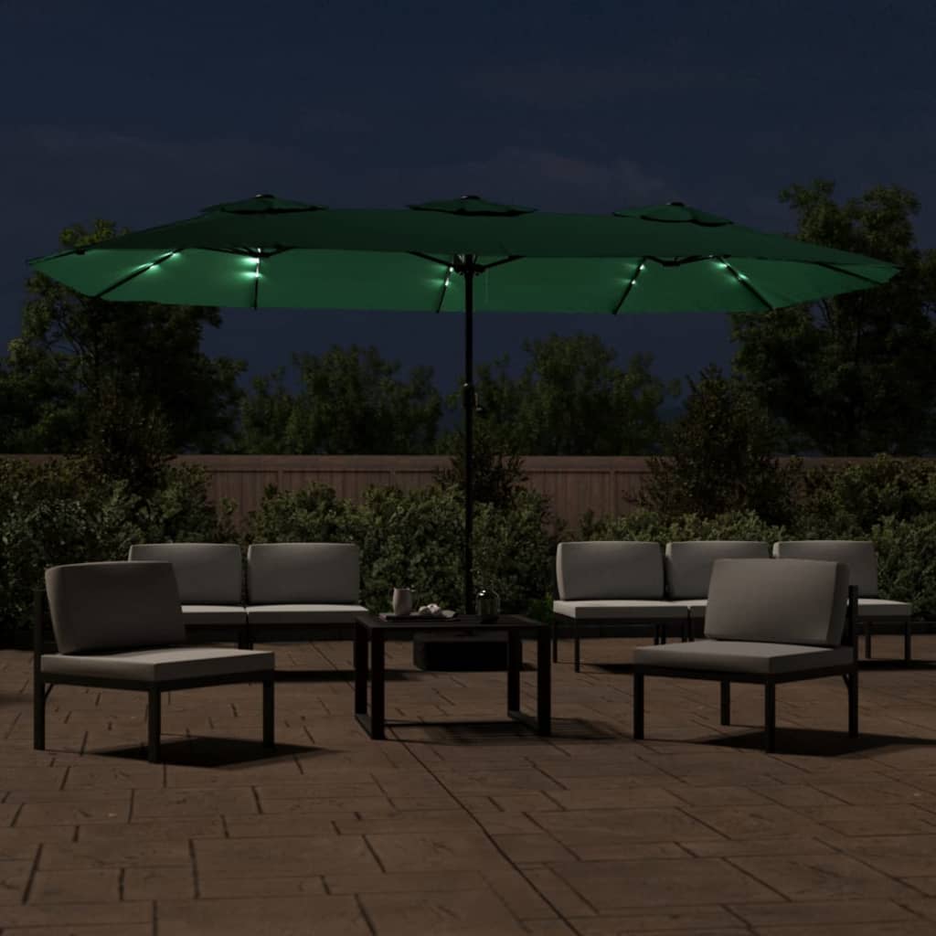 Vidaxl parasol dubbel dak met led 449x265 cm groen
