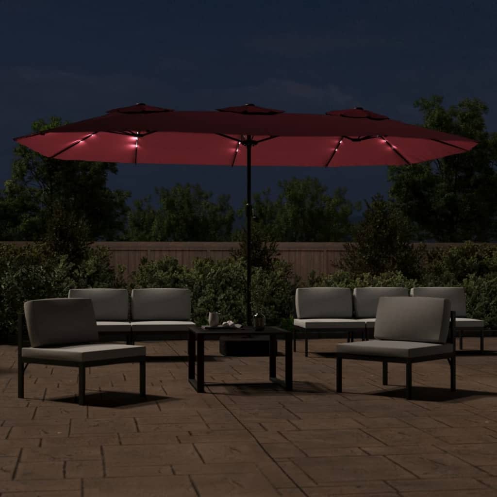 Vidaxl parasol dubbel dak met led 449x265 cm bordeauxrood