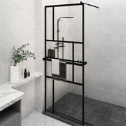 VidaXL Inloopdouchewand met schap 80x195 cm ESG-Glas aluminium zwart - afbeelding 1