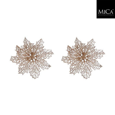 Mica decorations clip poinsettia 3x13.5 cm 2 stuks champagne