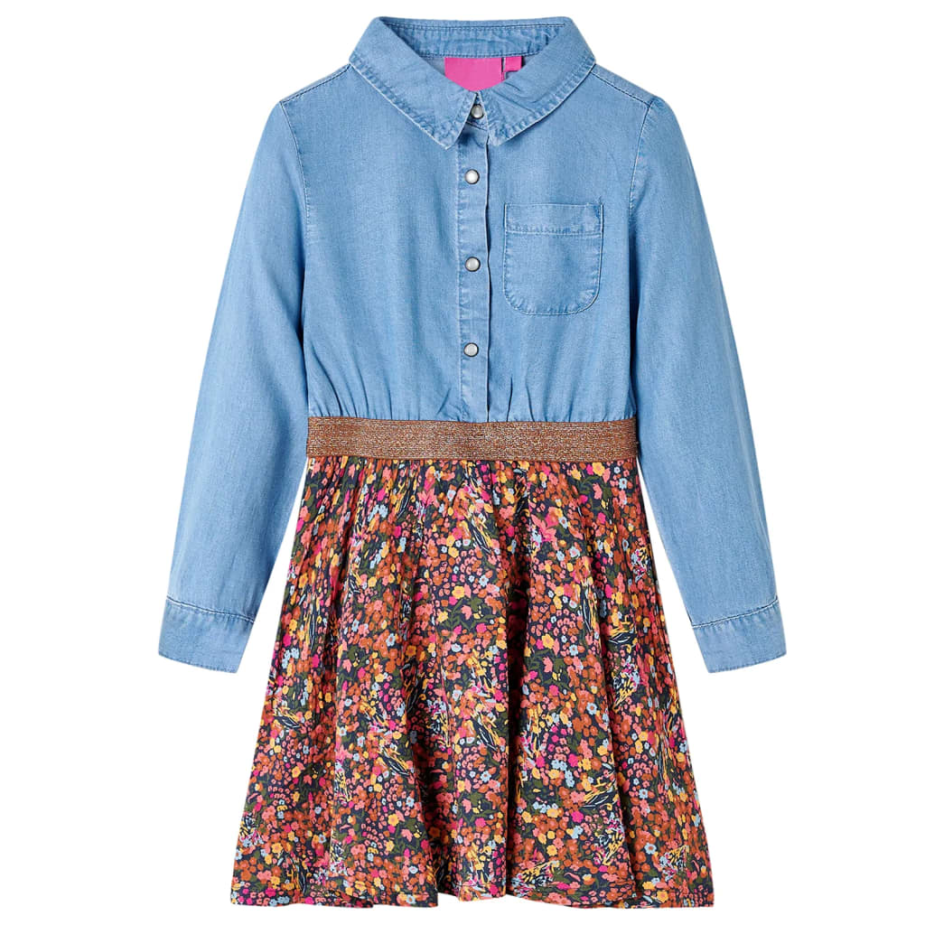 Vidaxl kinderjurk met lange mouwen 104 marineblauw en denimblauw