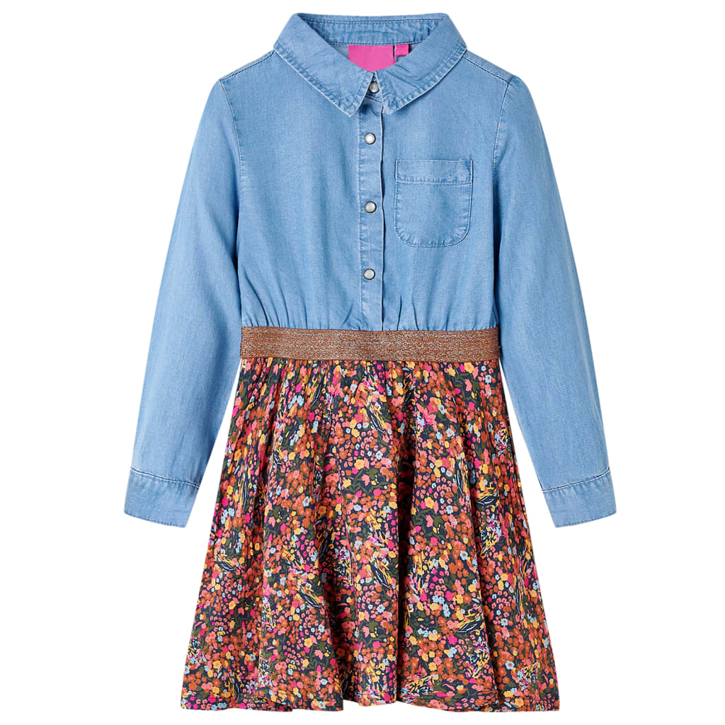 VidaXL Kinderjurk met lange mouwen 116 marineblauw en denimblauw