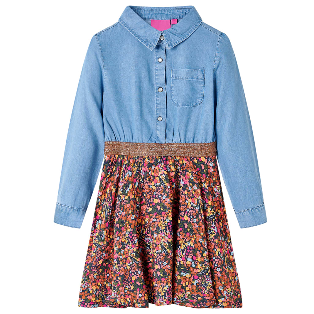 Vidaxl kinderjurk met lange mouwen 116 marineblauw en denimblauw