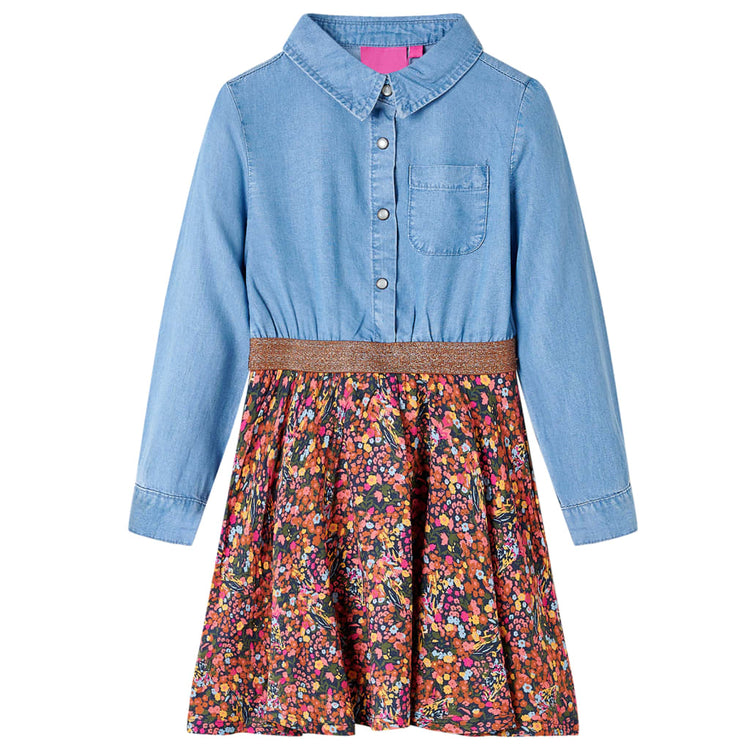 VidaXL Kinderjurk met lange mouwen 128 marineblauw en denimblauw