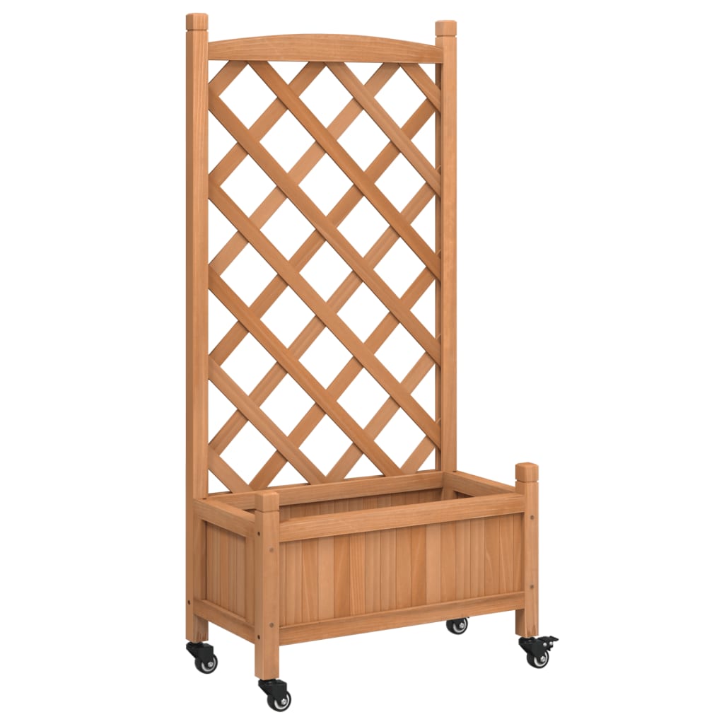 Vidaxl plantenbak met latwerk en wielen massief vurenhout bruin