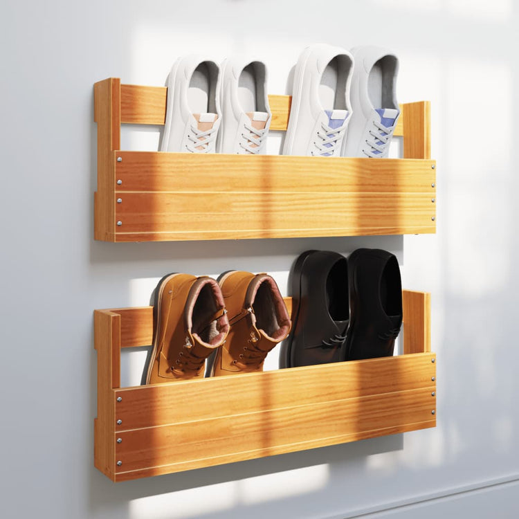Vidaxl schoenenrekken 2 st 59x8,5x23,5 cm massief grenenhout wasbruin
