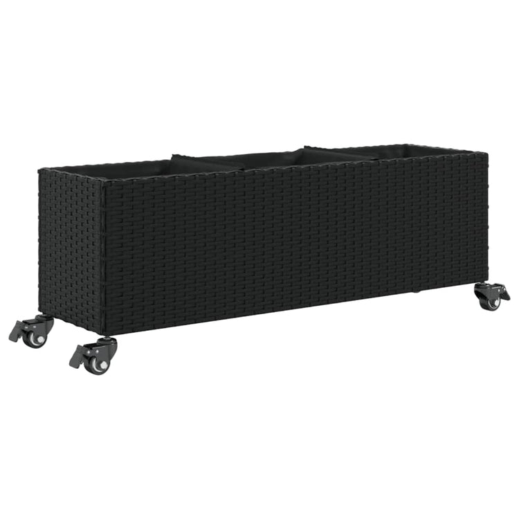 Vidaxl plantenbak met wielen 3 potten 107x32x38 cm poly rattan zwart