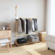 Vidaxl kledingrek met haken en wielen 100x35x157 cm bamboe - afbeelding 2