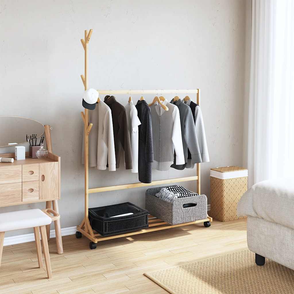 Vidaxl kledingrek met haken en wielen 100x35x157 cm bamboe