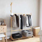 Vidaxl kledingrek met haken en wielen 100x35x157 cm bamboe - afbeelding 3