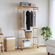 Vidaxl kledingrek met schappen en wielen 90x40x179,5 cm bamboe - afbeelding 2