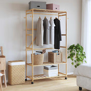 Vidaxl kledingrek met schappen en wielen 110x40x180 cm bamboe - afbeelding 2