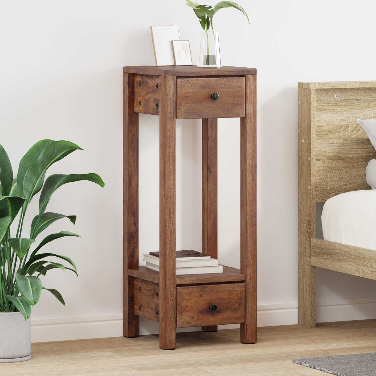 Vidaxl plantenstandaard met lade bruin 30 x 30 x 80 cm mahoniehout