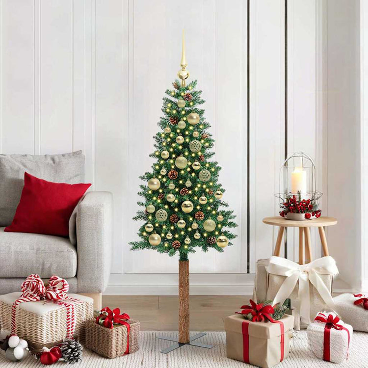 Vidaxl slanke kerstboom groen 150 cm pvc en massief dennenhout