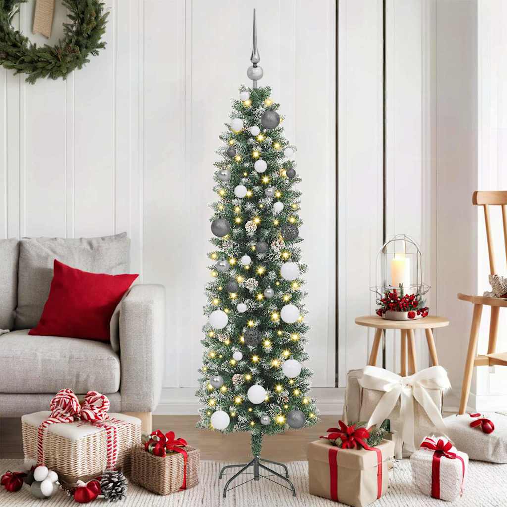 Vidaxl kunstmatige slanke kerstboom met 150 led groen en wit 150 cm