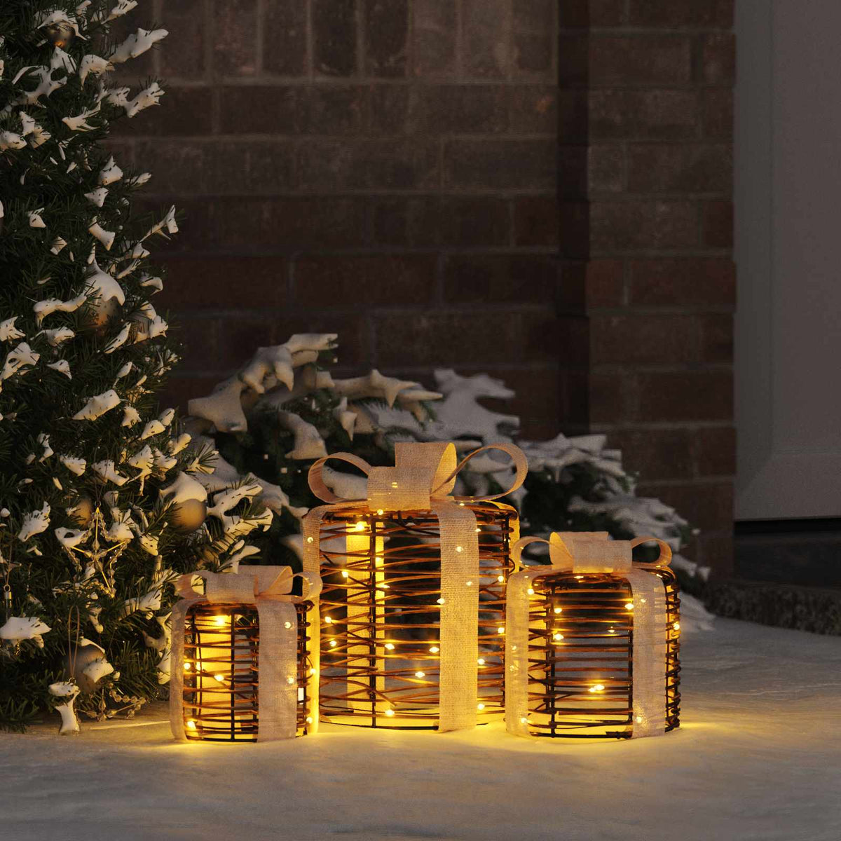 Vidaxl cadeau doos decoratie 3 pcs warmwit 20 x 20 x 20 cm rattan