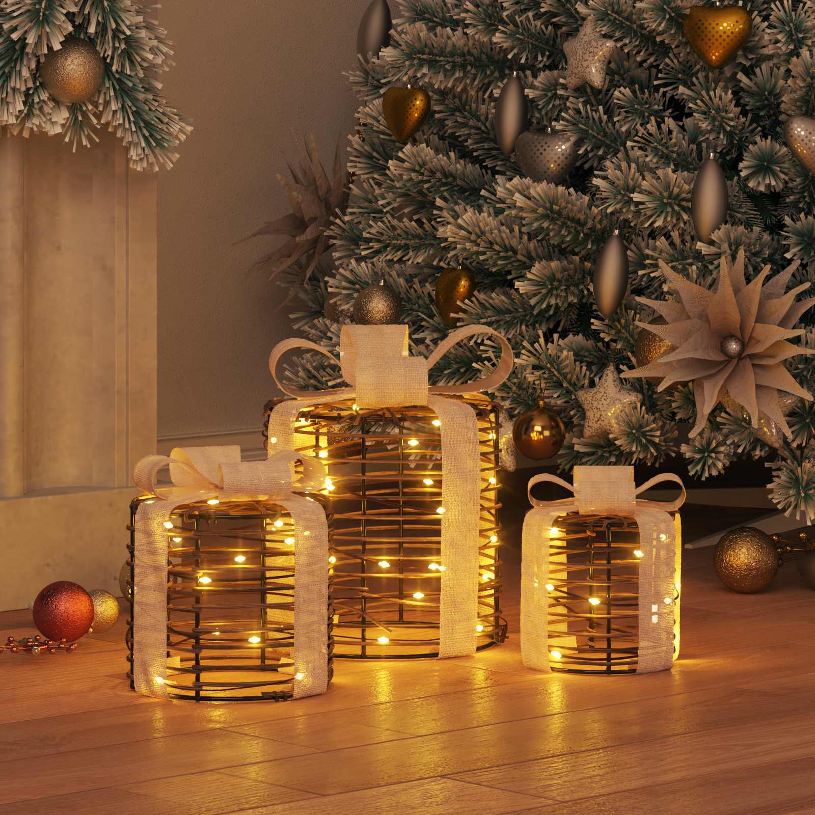 Vidaxl cadeau doos decoratie 3 pcs warmwit 20 x 20 x 20 cm rattan