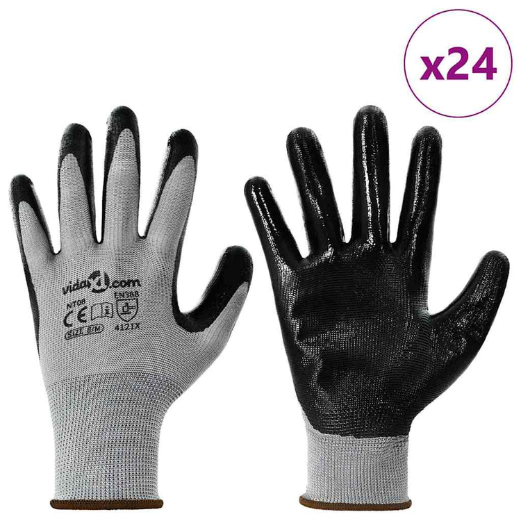 Vidaxl werkhandschoenen 24 st grijs en zwart 8 m polyester