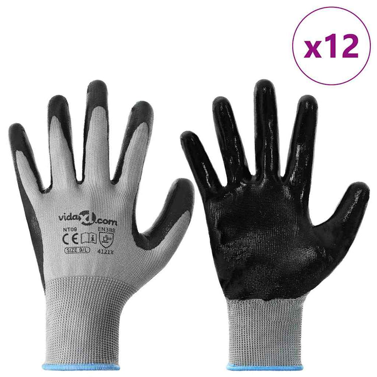 Vidaxl werkhandschoenen 12 st grijs en zwart 9 l polyester