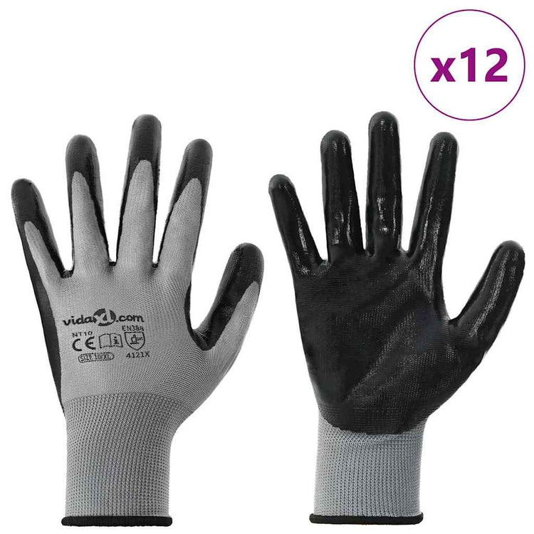Vidaxl werkhandschoenen 12 pcs grijs en zwart 10 xl polyester