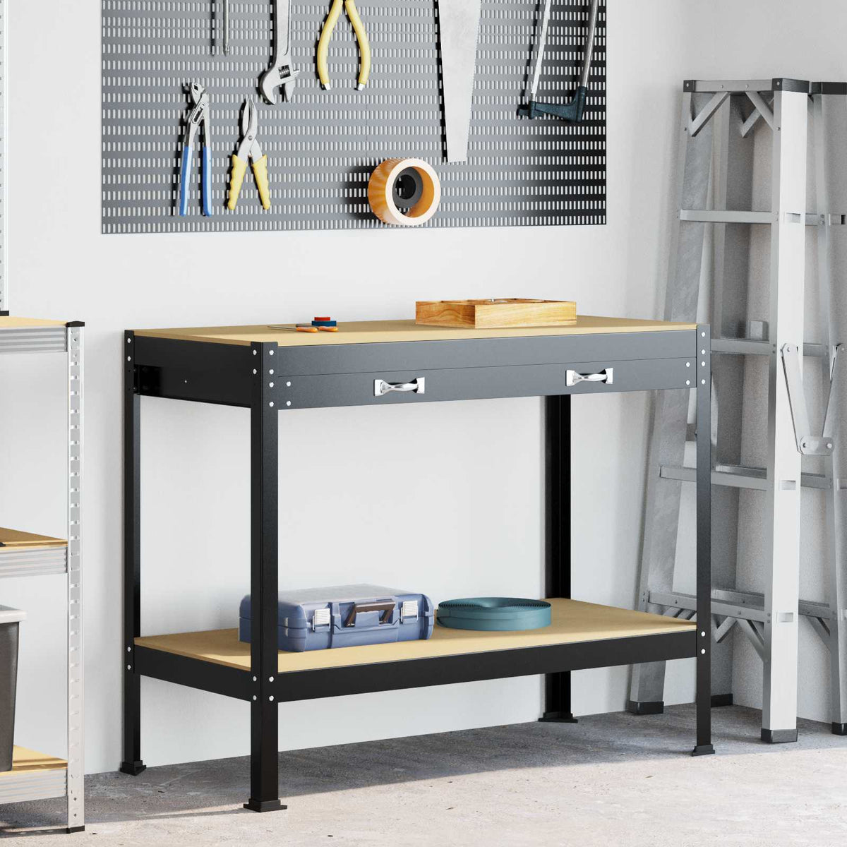 Vidaxl werkbank met lade zwart 114 x 54 x 91 cm bewerkt hout en metaal