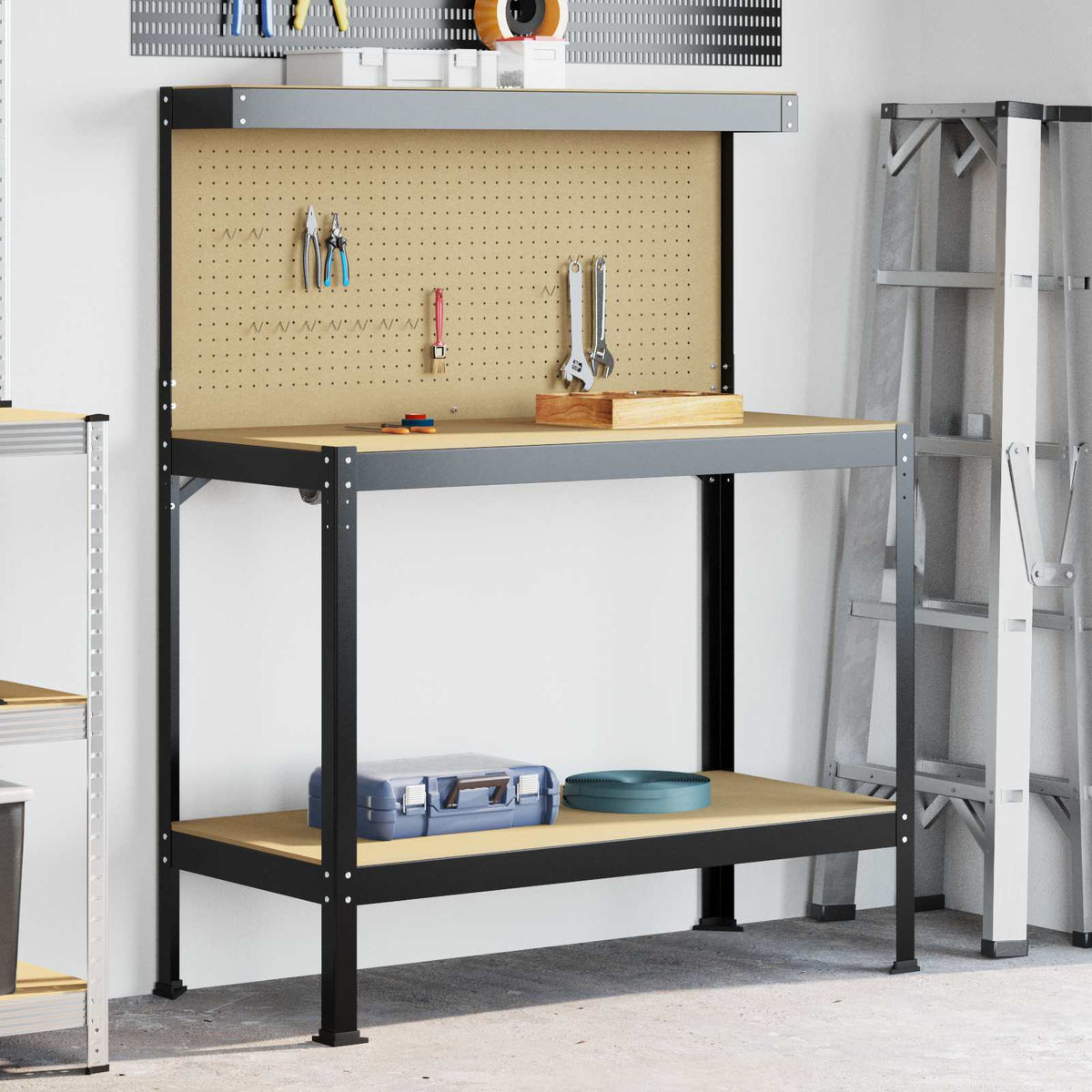 Vidaxl werkbank zwart 114 x 54 x 145 cm bewerkt hout en metaal