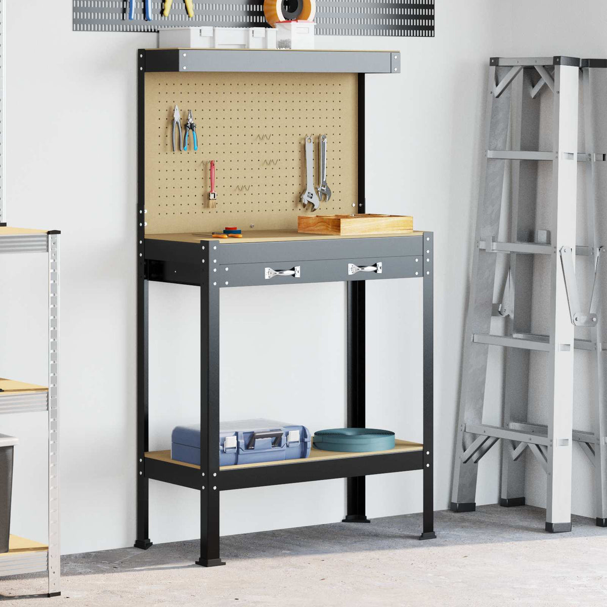 Vidaxl werkbank zwart 81 x 41 x 145 cm bewerkt hout en metaal