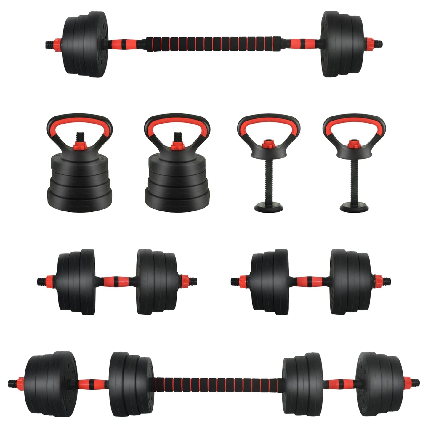 Vidaxl 2-in-1 halter-barbell set 30kg zwart en rood