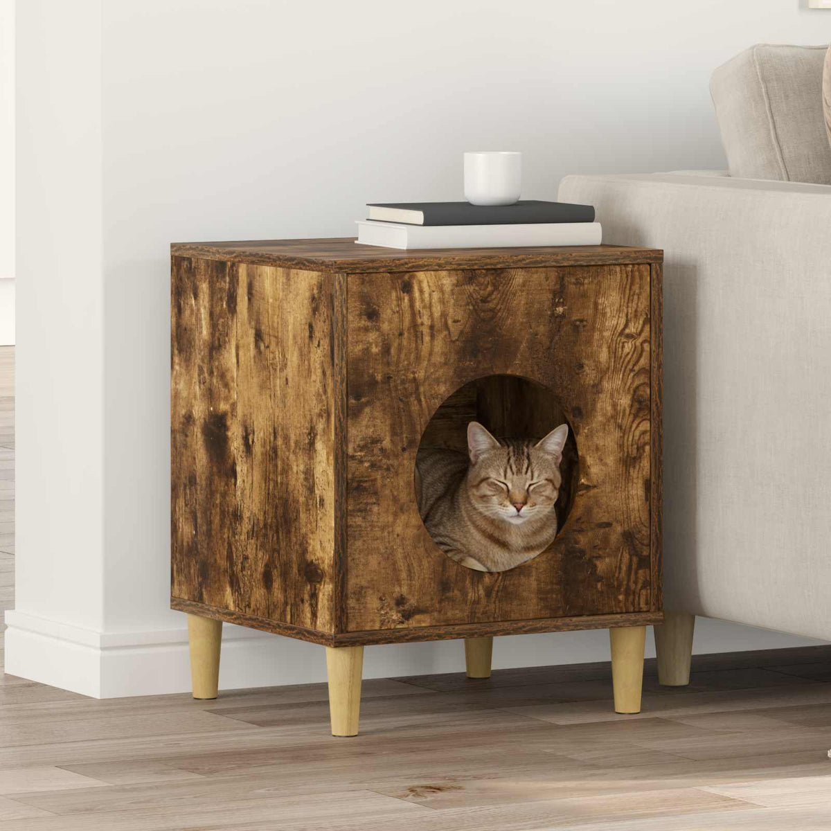 Vidaxl kattenhuis gerookt eiken 42,5 x 40 x 53 cm bewerkt hout