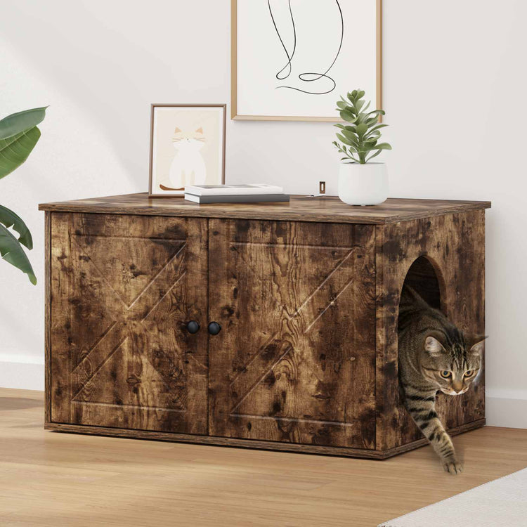 Vidaxl kattenhuis gerookt eiken 85 x 55 x 50,5 cm bewerkt hout