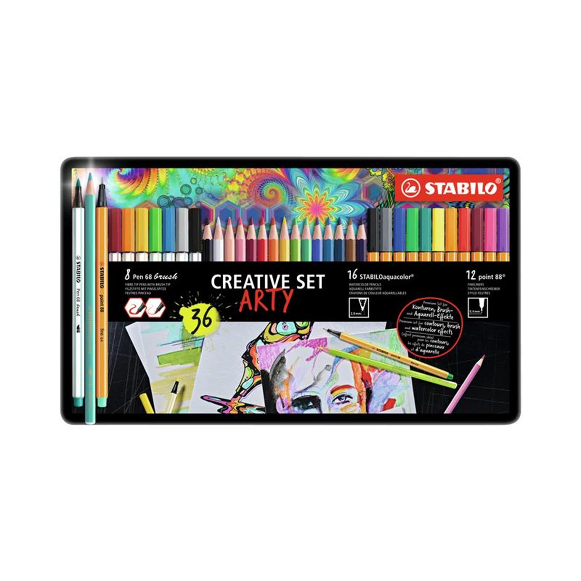 Stabilo arty creative metalen etui met 16 x aquacolor, 12 x point 88, 8 x pen 68 brush