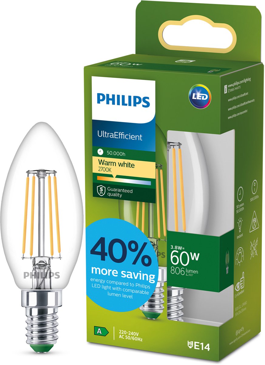 Philips led philips ultraefficient led lamp - 60w - e27 fitting - warmwit licht: 2700k - mat glas - p45 kogellamp - lange levensduur