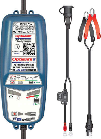 Optimate 5 start stop 12 v 4 a automatische acculader en onderhoudslader voor agm, gel, efb std accu’s met 7 stappen en redt je lader vanaf 0,5 v