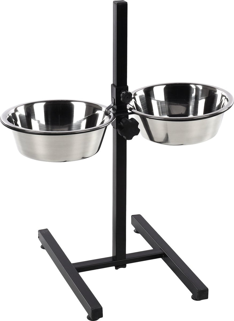 Flamingo voerbak hond – duo dinner staander otis zilver zwart 2x2,5l – verstelbare eet- en drinkpot met inox kommen m