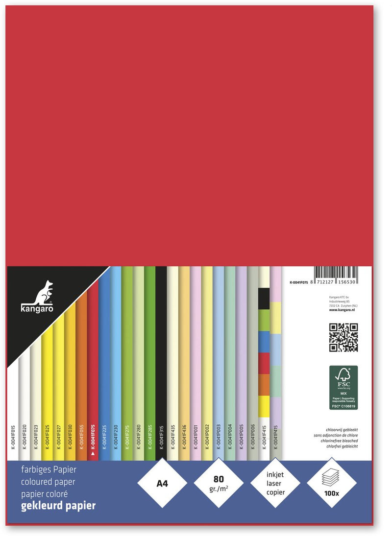 Merkloos sans marque kangaro papier - formaat a4 - 80 grams - rood - pak 100 vel - k-0041f075