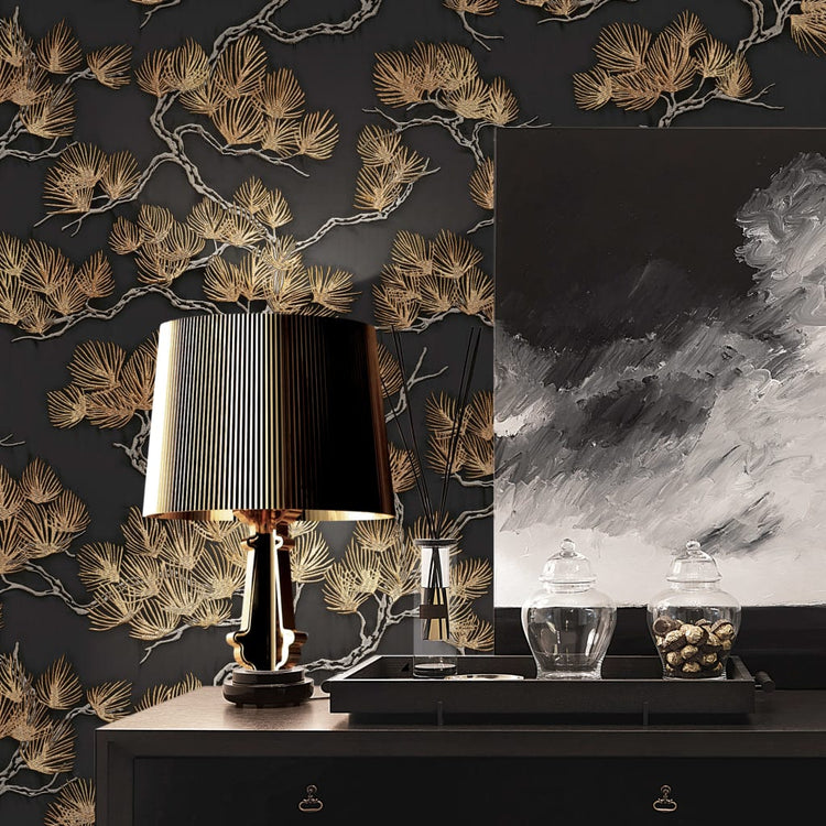 Dutch wallcoverings behang pine tree zwart en goudkleurig