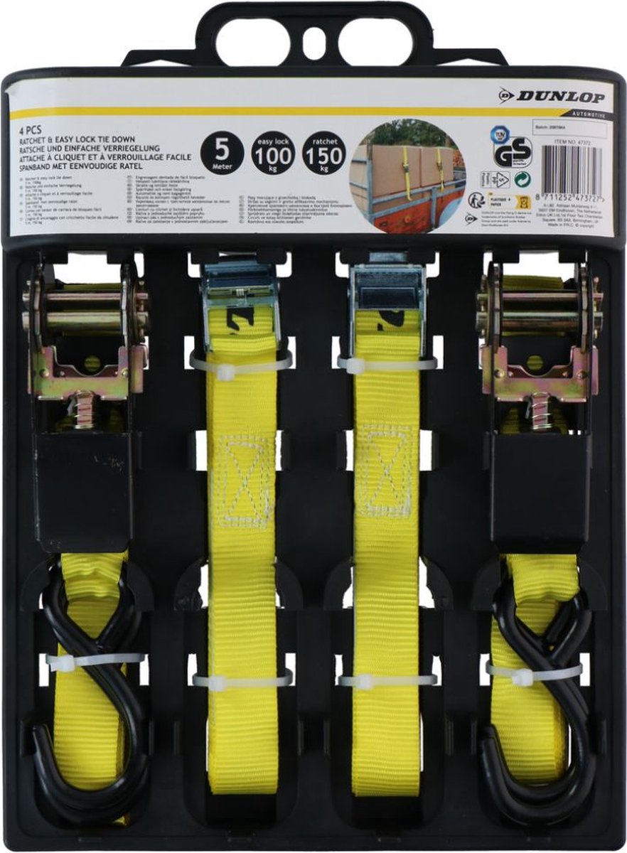 Dunlop spanband met ratel - 4 stuks - 5 m - tot 150 kg - geel