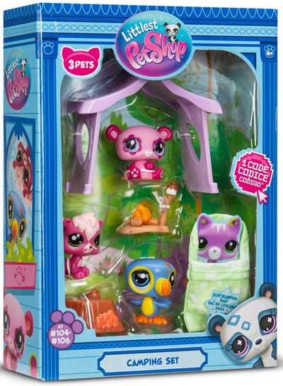 Bandai littlest pet shop - kampeerset pack 3 dieren en accessoires - littlest pet shop lps panda squirrel toekan - mini cute animal figure toy set - speelgoed voor kinderen van 4 jaar en + - bf00574