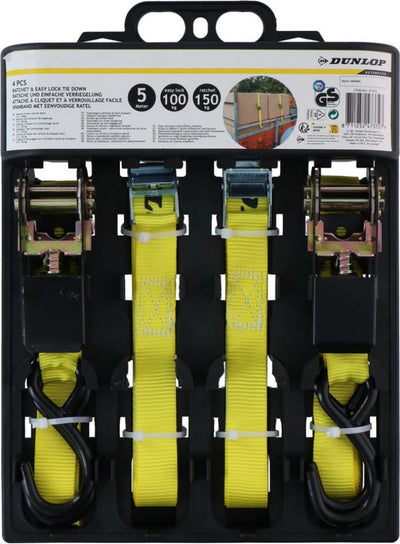Dunlop spanband met ratel - 4 stuks - 5 m - tot 150 kg - geel