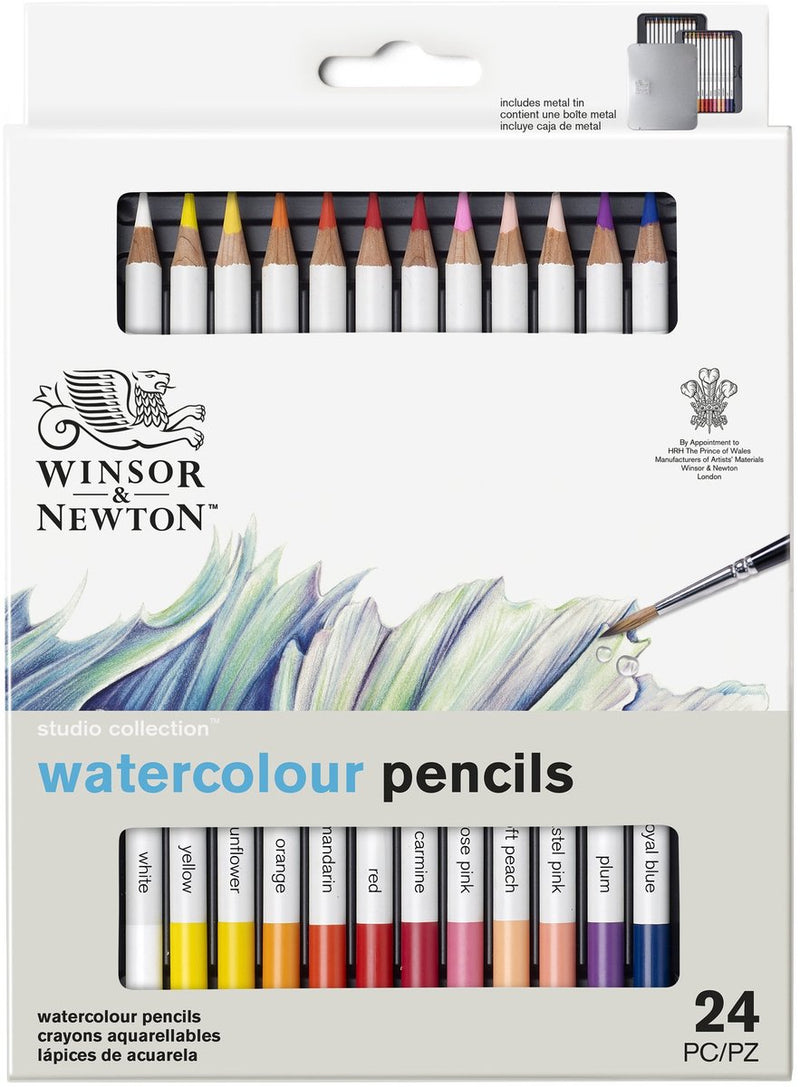 Winsor newton 0490015 studio collection waterverfpotloden set 24 stuks – dikcores aquarelpotloden in metalen etui