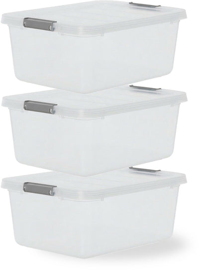 Iris storage opbergbox met clips - 12.5l - stapelbaar - kunststof - transparant grijs - set van 3