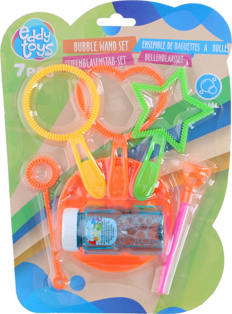 Eddy toys bellenblaasset 7-delig - inclusief 50ml bellenblaasvloeistof - verschillende vormen bellenblaasstokjes - ideaal voor buitenspelen en kinderfeestjes - meerkleurig