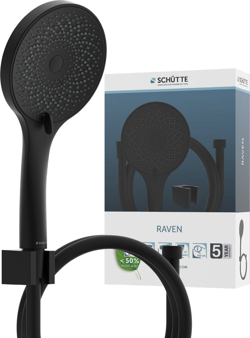 Schütte raven badset inclusief handdouche en slang en wandsteun - ø 12,5 cm - 3 standen - mat zwart