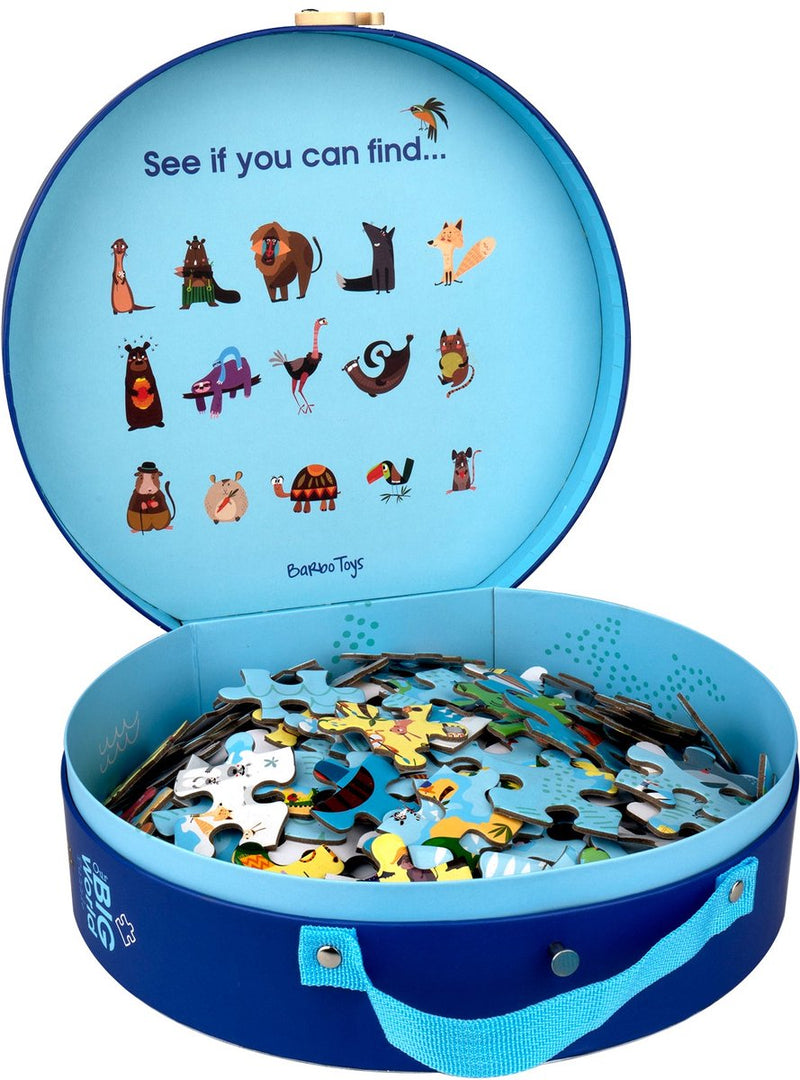 Barbo toys - grote wereldpuzzel waar wonen de dieren 200 stukjes - ontworpen in denemarken - educatieve legpuzzel - puzzel voor jongens en meisjes - ronde koffer - 50x80 cm vanaf 4 jaar